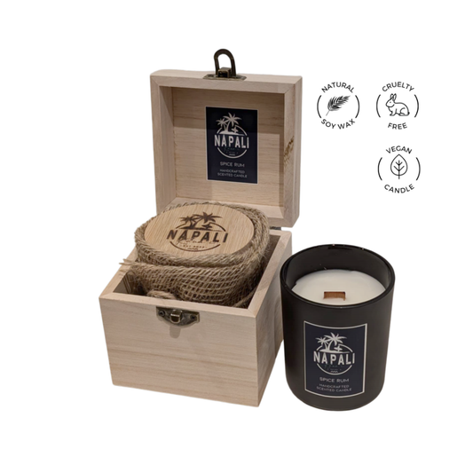 NĀ PALI Handcrafted Hawaiian Candle | Crackling Wick | Wooden Box | SPICE RUM